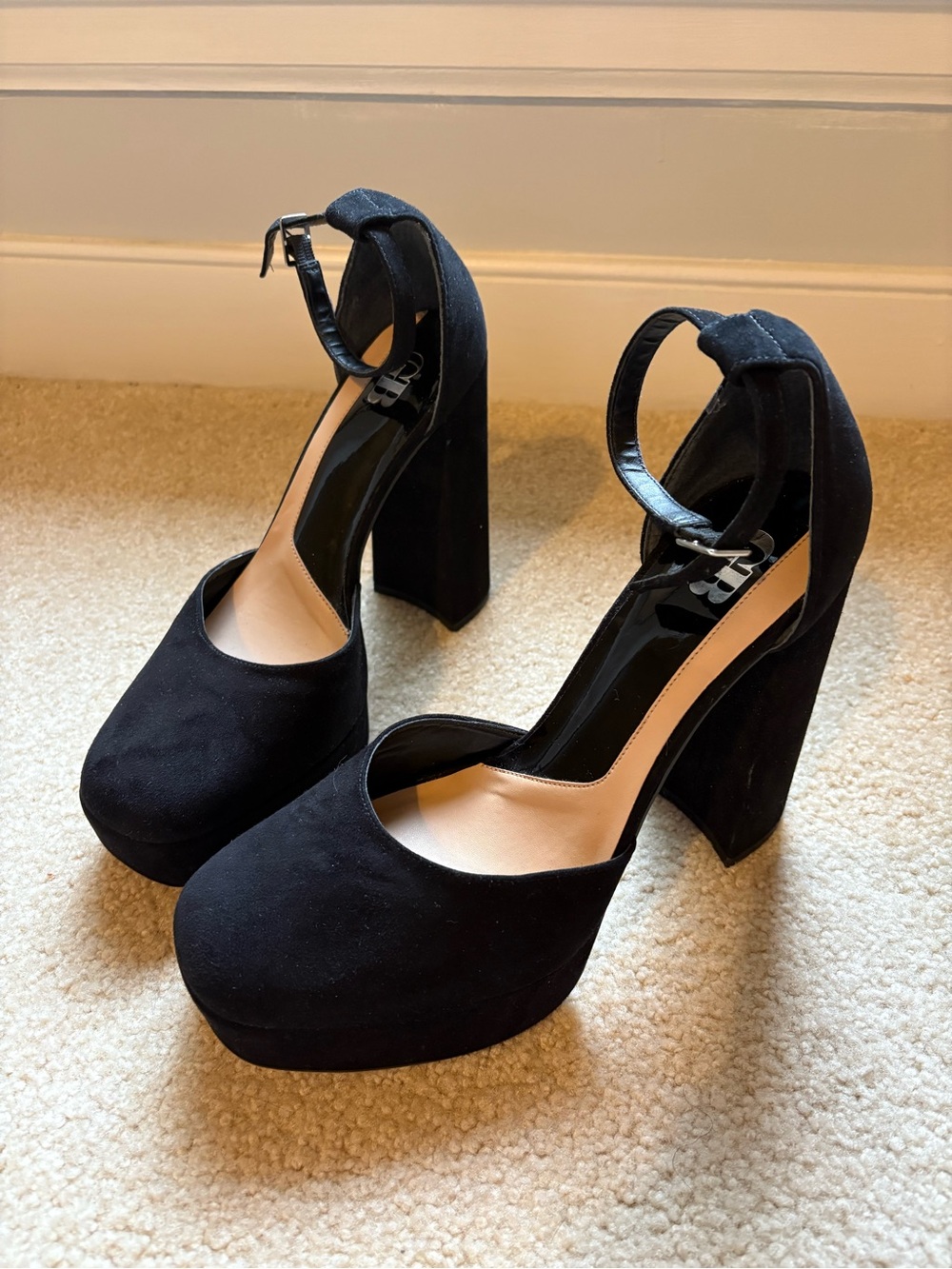 GB girls Black Suede Platform Block Heel Ankle Strap Pumps